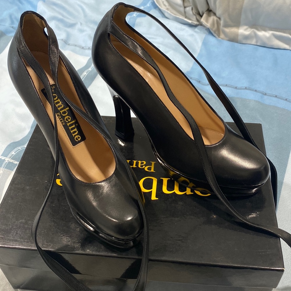 Black Ombeline Paris healed shoe with ankle tie.